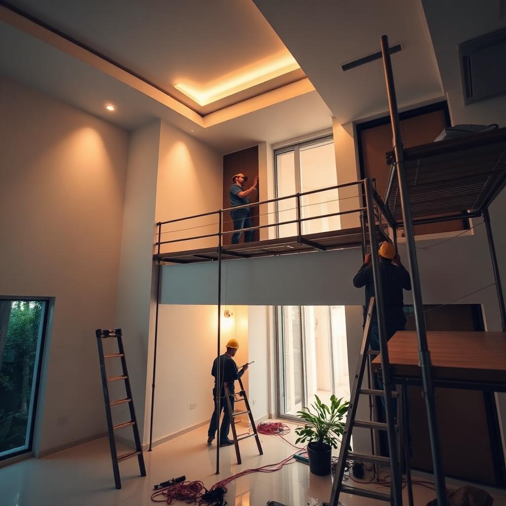 Workers renovating an elegant residential home in Chennai